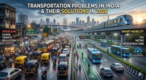 Traffic congestion and pollution in India contrasted with modern smart mobility solutions like metro, EVs, and AI traffic systems