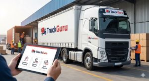 TruckGuru-branded freight truck parked at a warehouse while workers load cargo, with a person using a tablet displaying logistics features like real-time tracking, verified drivers, and cost-effective transportation services.
