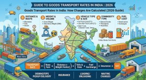 Infographic explaining how goods transport rates are calculated in India for 2026, featuring trucks, highways, ports, rail routes, and a map of India with logistics factors like distance, weight, vehicle type, commodity type, and fuel cost.