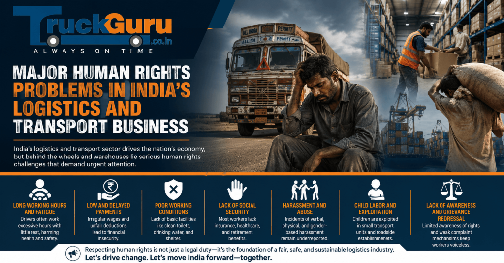 TruckGuru banner highlighting major human rights problems in India’s logistics and transport business, including driver fatigue, low wages, unsafe working conditions, and labor exploitation in the trucking industry.