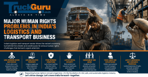 TruckGuru banner highlighting major human rights problems in India’s logistics and transport business, including driver fatigue, low wages, unsafe working conditions, and labor exploitation in the trucking industry.