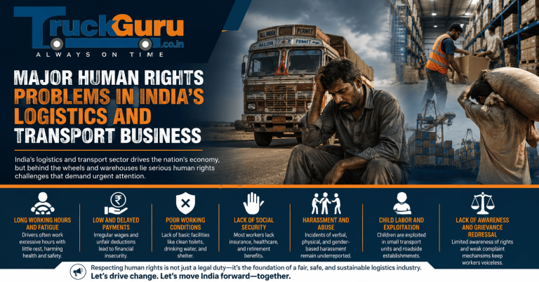 TruckGuru banner highlighting major human rights problems in India’s logistics and transport business, including driver fatigue, low wages, unsafe working conditions, and labor exploitation in the trucking industry.