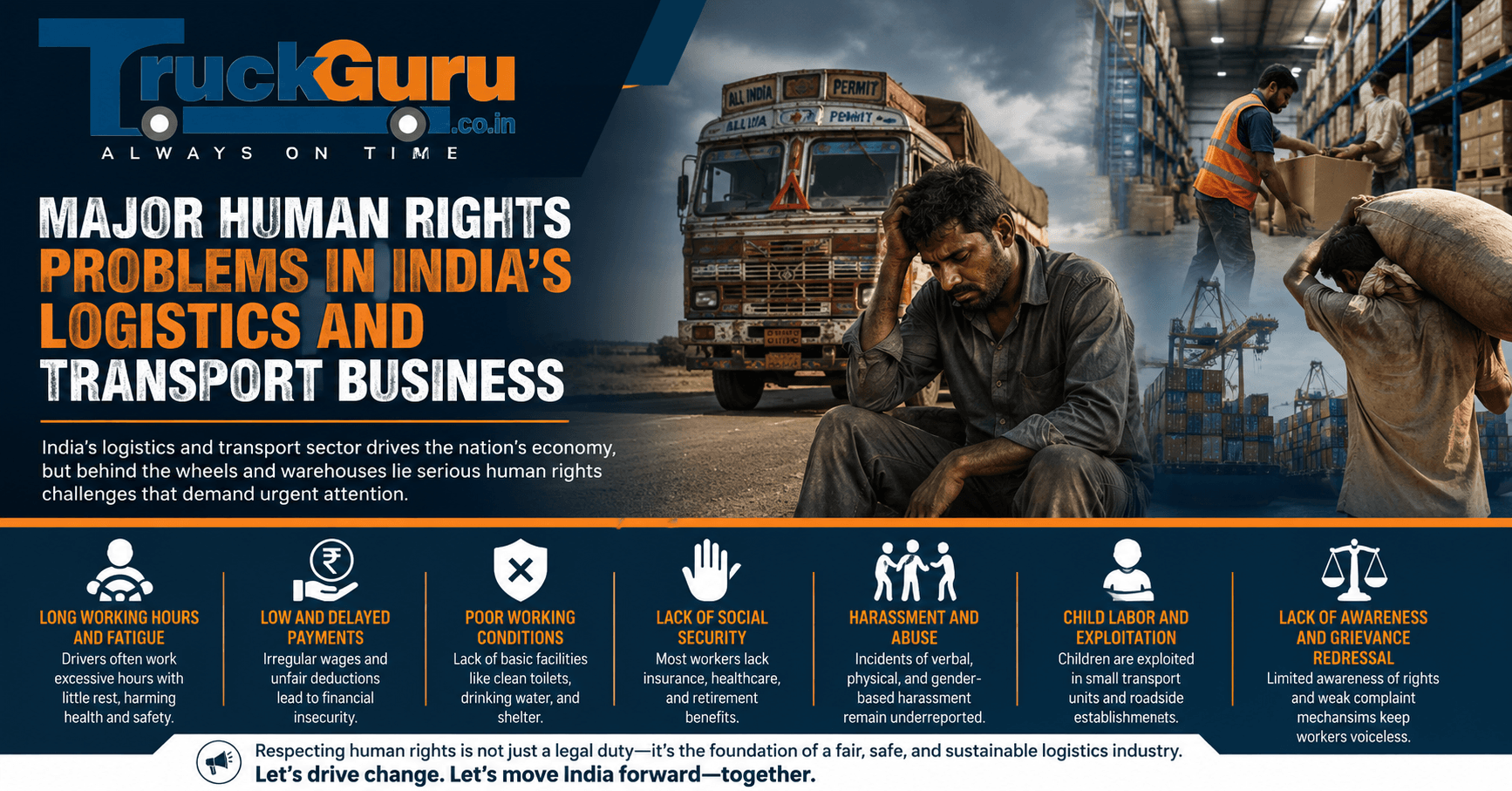 TruckGuru banner highlighting major human rights problems in India’s logistics and transport business, including driver fatigue, low wages, unsafe working conditions, and labor exploitation in the trucking industry.