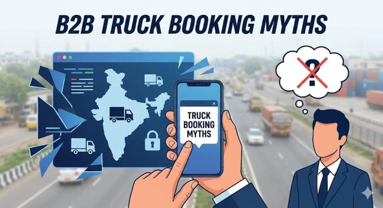 Illustration about B2B truck booking myths featuring a smartphone app, digital India logistics map, cargo trucks, and a businessman questioning common misconceptions about online truck booking.