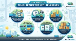 Infographic showing the key benefits of truck transportation with TruckGuru, including real-time tracking, reliable on-time delivery, cost-effective solutions, versatile fleet options, streamlined booking, and safe cargo handling.