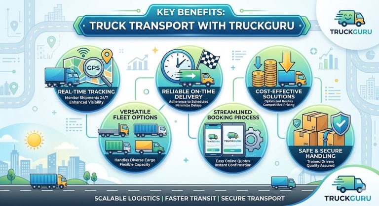 Infographic showing the key benefits of truck transportation with TruckGuru, including real-time tracking, reliable on-time delivery, cost-effective solutions, versatile fleet options, streamlined booking, and safe cargo handling.