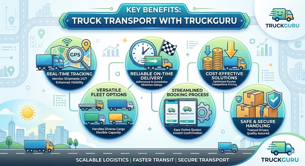 Infographic showing the key benefits of truck transportation with TruckGuru, including real-time tracking, reliable on-time delivery, cost-effective solutions, versatile fleet options, streamlined booking, and safe cargo handling.