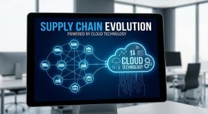Digital display screen showing “Supply Chain Evolution Powered by Cloud Technology” with connected logistics network icons and a cloud technology graphic in a modern office setting.