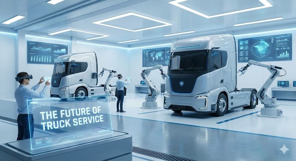 Futuristic truck service facility with autonomous electric trucks, robotic arms, and technicians using virtual reality technology in a high-tech maintenance environment.