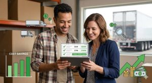 Two professionals comparing trucking prices on a tablet showing cost savings and lowest freight rates
